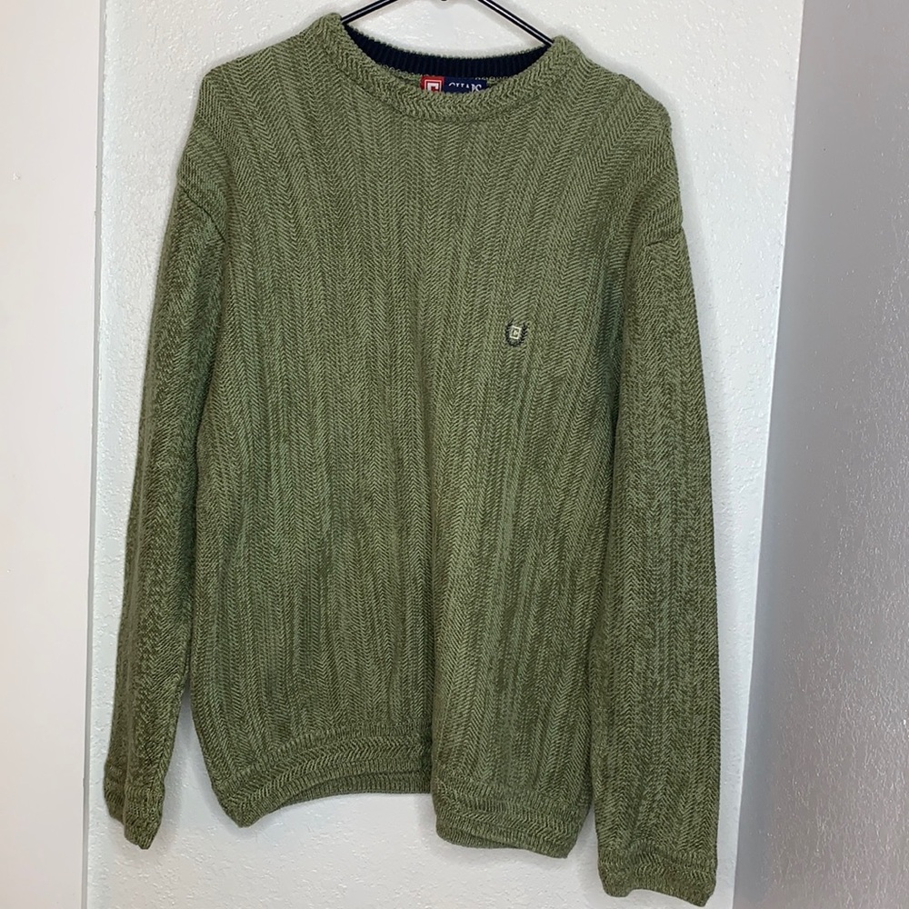 Chaps Green Herringbone Cotton Crewneck Preppy Sweater Crest Logo L Vintage
